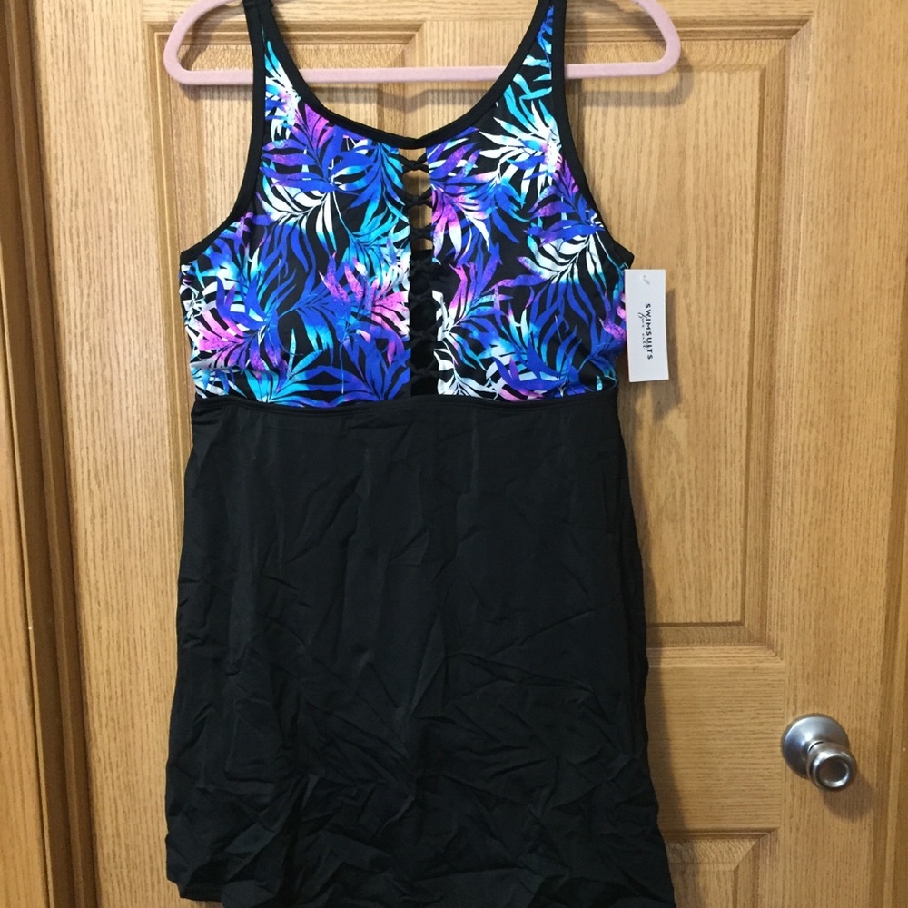 Swimsuits For All Black and Blue Tropical Swim Dress NWT - Picture 4 of 7